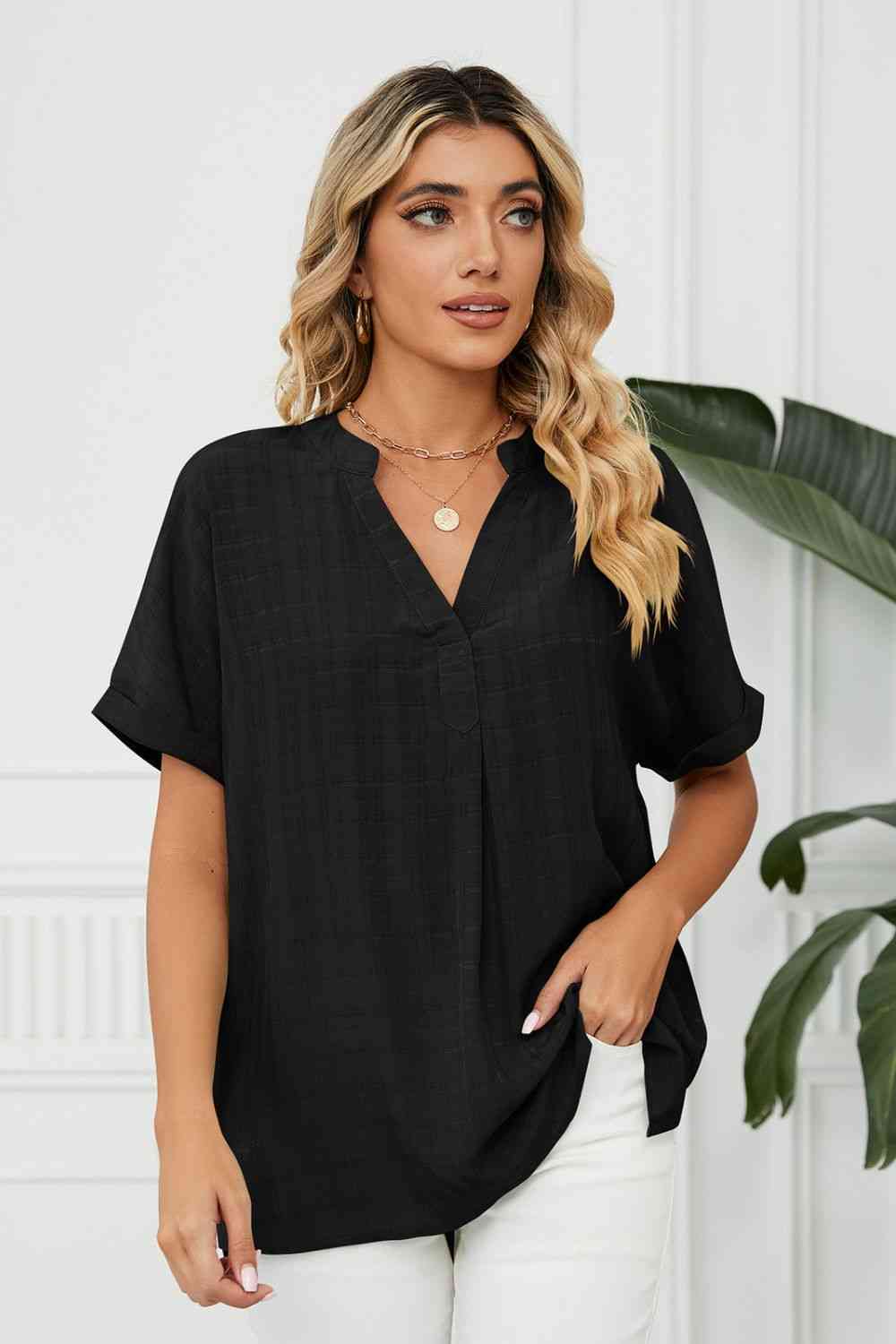 Side Slit Notched Neck Cuffed Short Sleeve Blouse - Ladyez