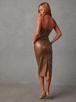 PU Slit Midi Dress - Ladyez