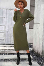 Notched Neck Dropped Shoulder Button-Down Midi Dress - Ladyez