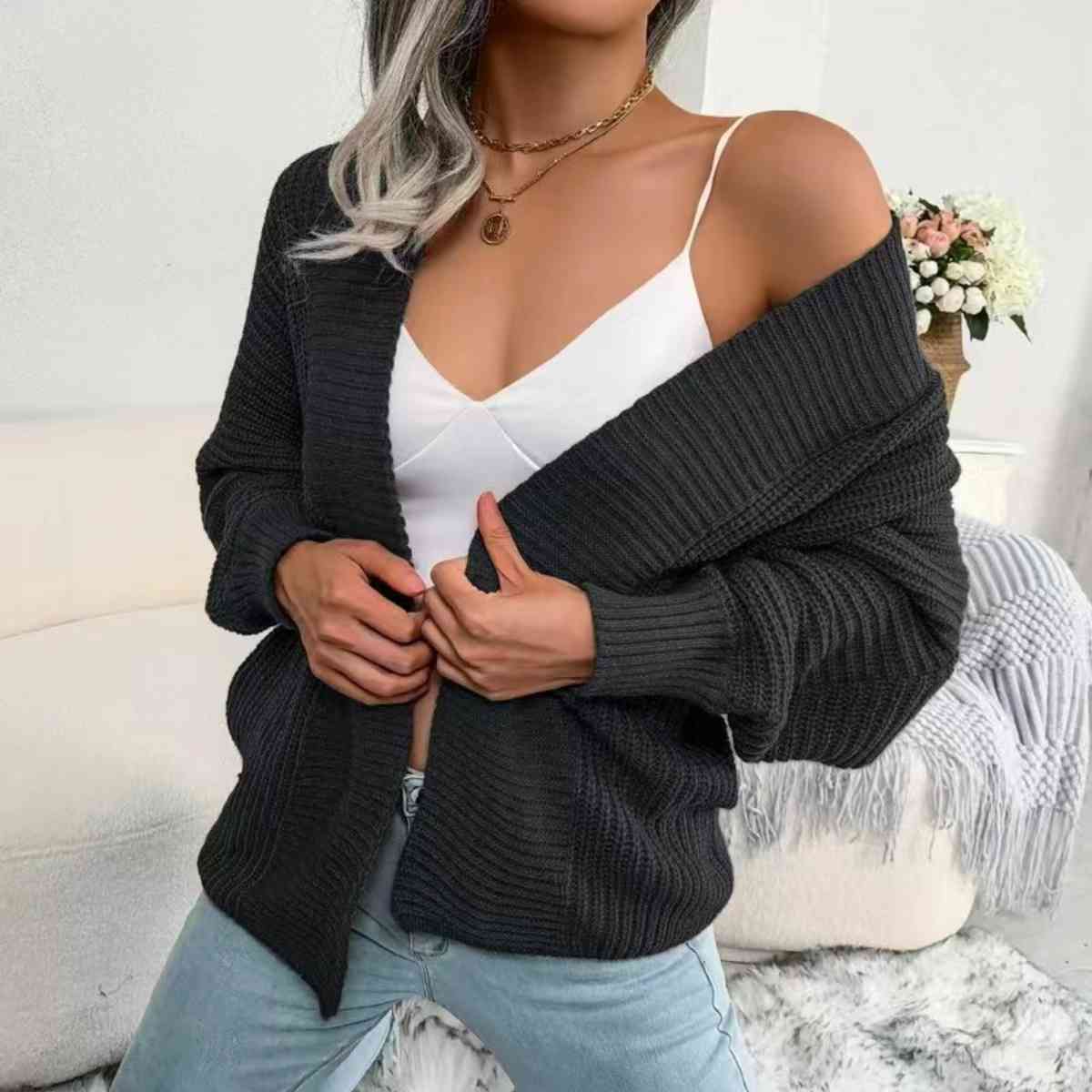 Open Front Lantern Sleeve Cardigan - Ladyez