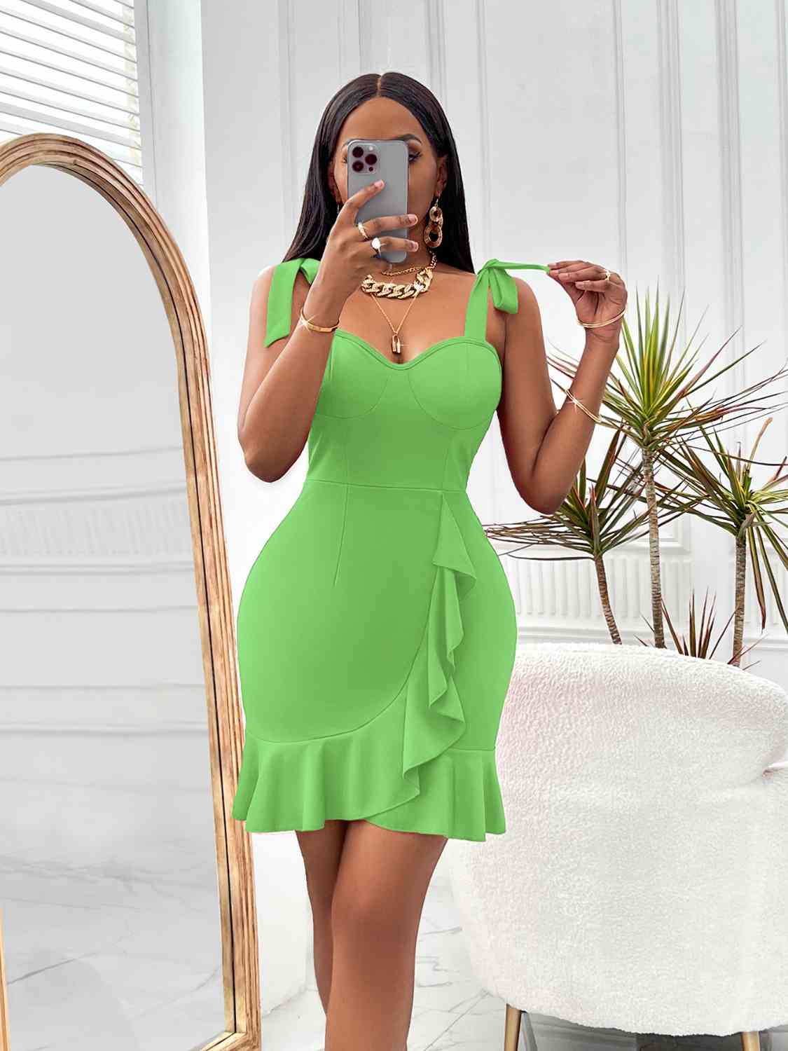 Tie-Shoulder Sweetheart Neck Ruffled Dress - Ladyez