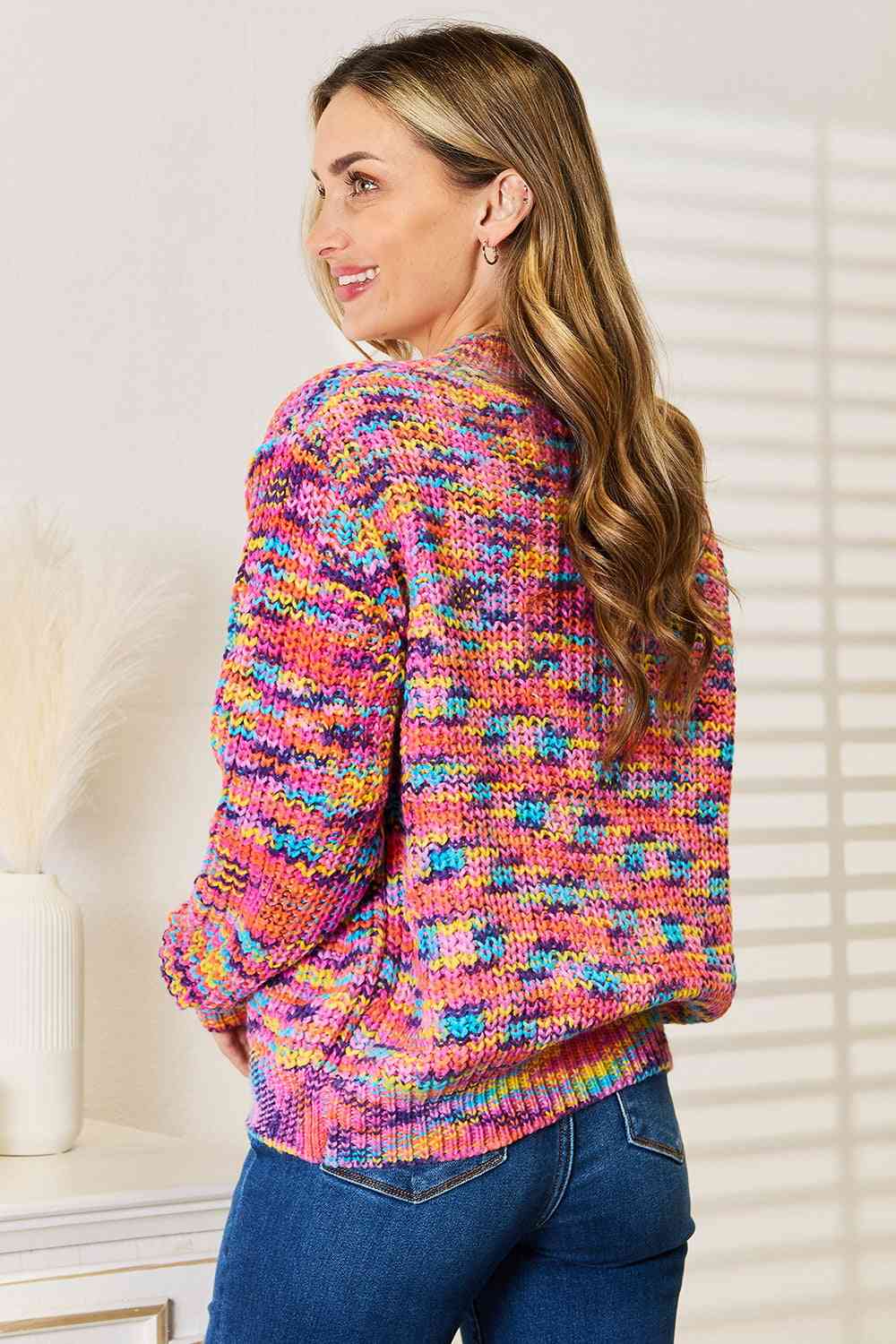 Woven Right V-Neck Long Sleeve Cardigan - Ladyez
