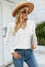 V-Neck Flounce Sleeve Lace Top - Ladyez