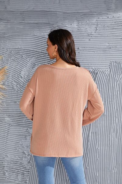 Ribbed Color Block Exposed Seam Round Neck Blouse - Ladyez