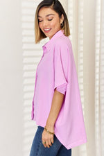 Zenana Texture Button Up Short Sleeve High-Low Shirt - Ladyez