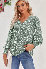 Printed V-Neck Smocked Lantern Sleeve Blouse - Ladyez