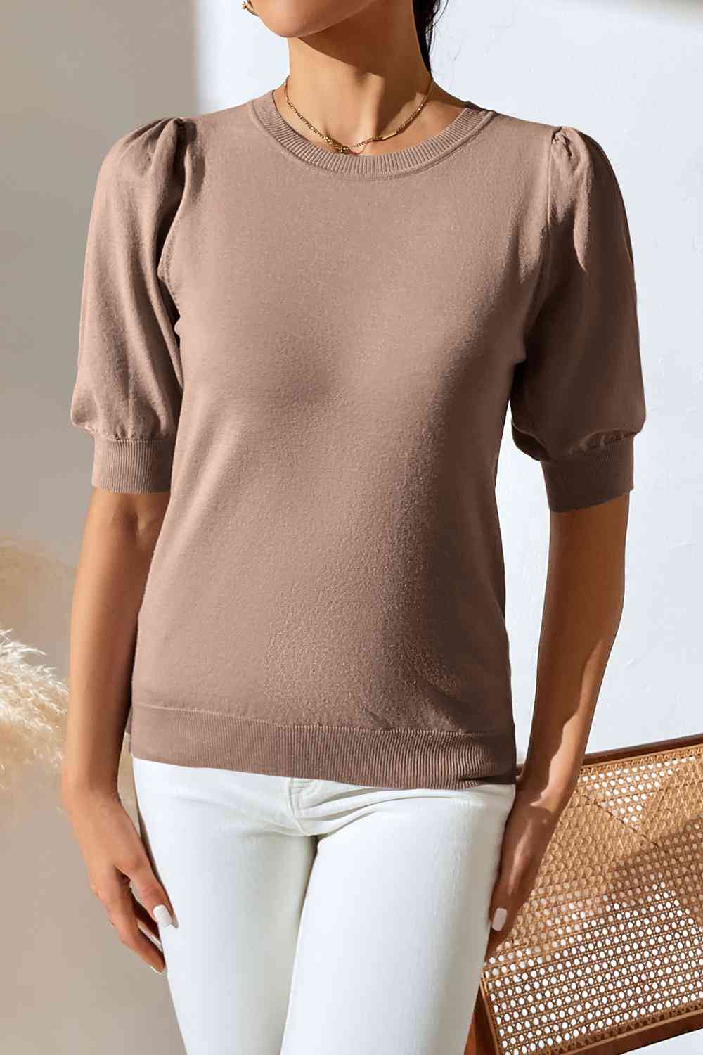 Round Neck Puff Sleeve Knit Top - Ladyez