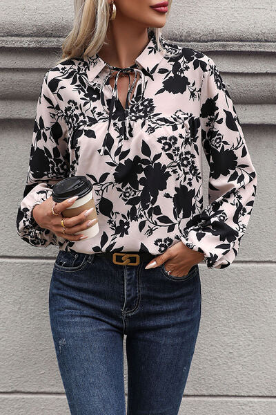 Printed Tie Neck Balloon Sleeve Blouse - Ladyez