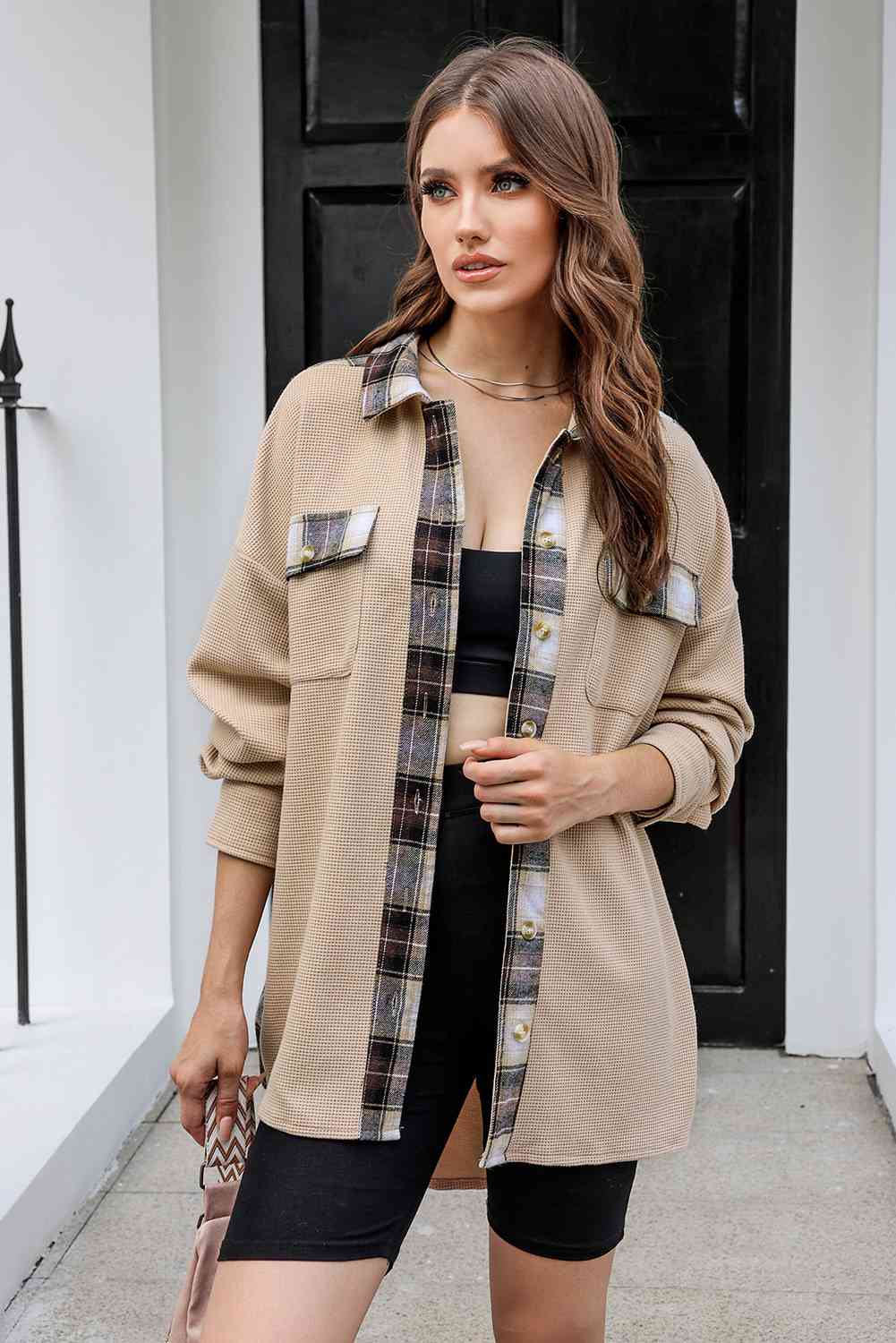 Plaid Button Down Collared Jacket - Ladyez