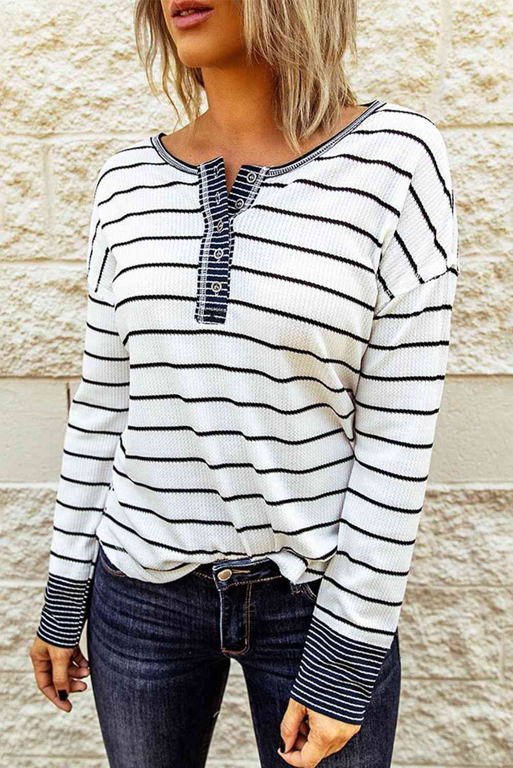 Striped Waffle Knit Henley Long Sleeve Top - Ladyez