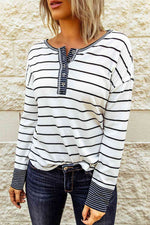 Striped Waffle Knit Henley Long Sleeve Top - Ladyez