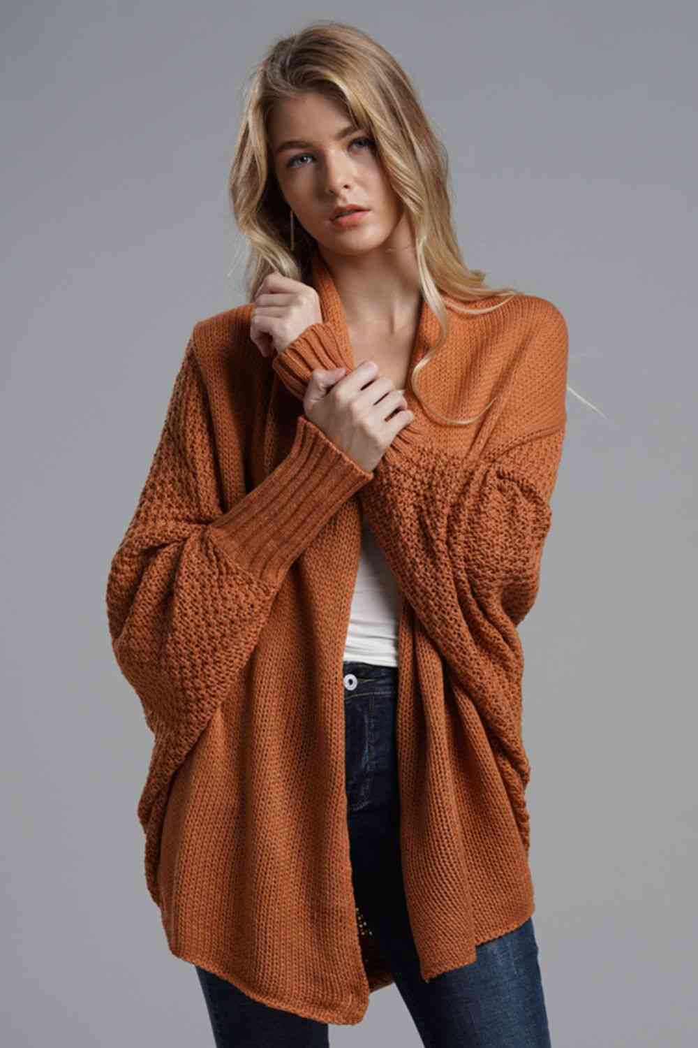 Double Take Dolman Sleeve Open Front Ribbed Trim Longline Cardigan - Ladyez