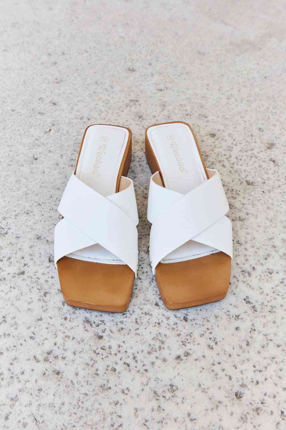 Weeboo Step Into Summer Criss Cross Wooden Clog Mule in White - Ladyez