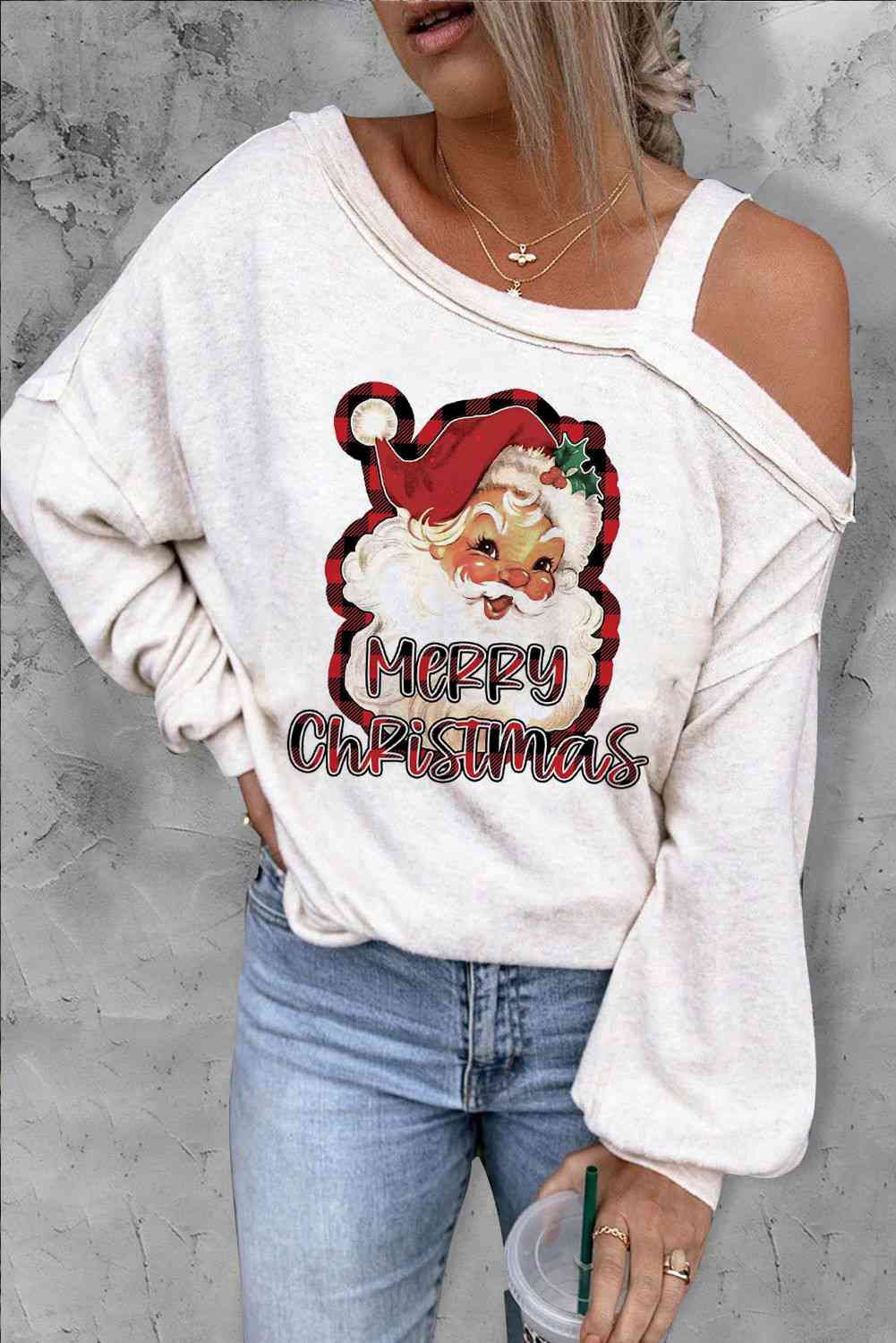 MERRY CHRISTMAS Graphic Asymmetrical Neck Top - Ladyez