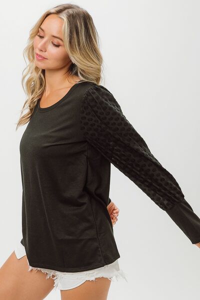BiBi Round Neck Polka Dot Lantern Sleeve Top - Ladyez