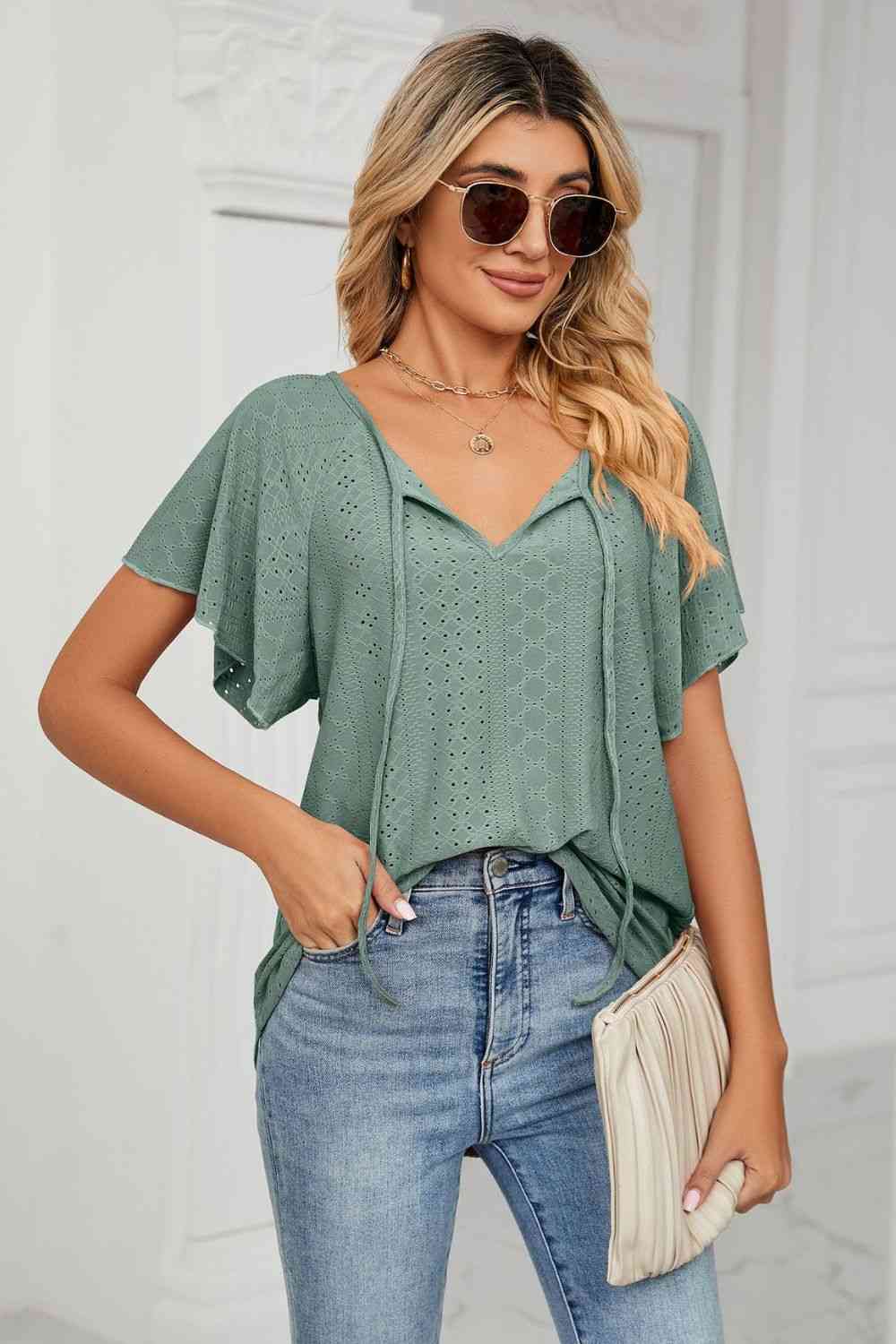 Eyelet Tie-Neck Flutter Sleeve Top - Ladyez