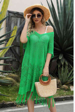 V-Neck Short Sleeve Fringe Hem Knit Dress - Ladyez