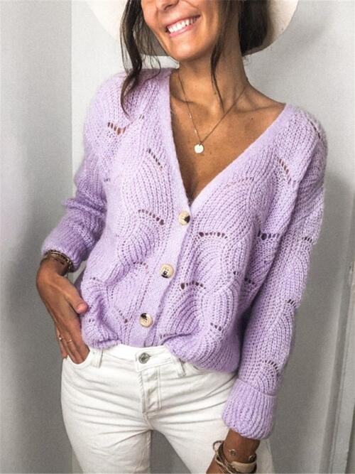 Openwork Button Up Long Sleeve Cardigan - Ladyez