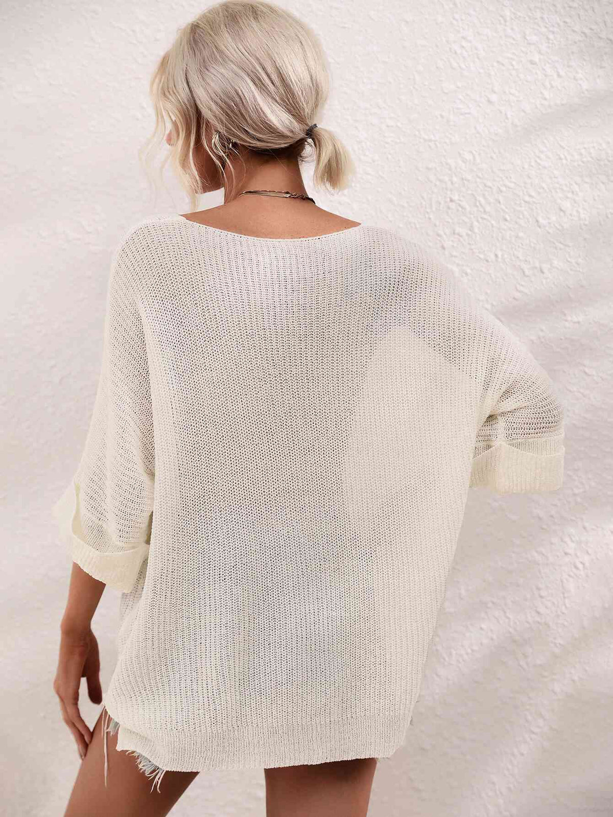 Boat Neck Cuffed Sleeve Slit Tunic Knit Top - Ladyez