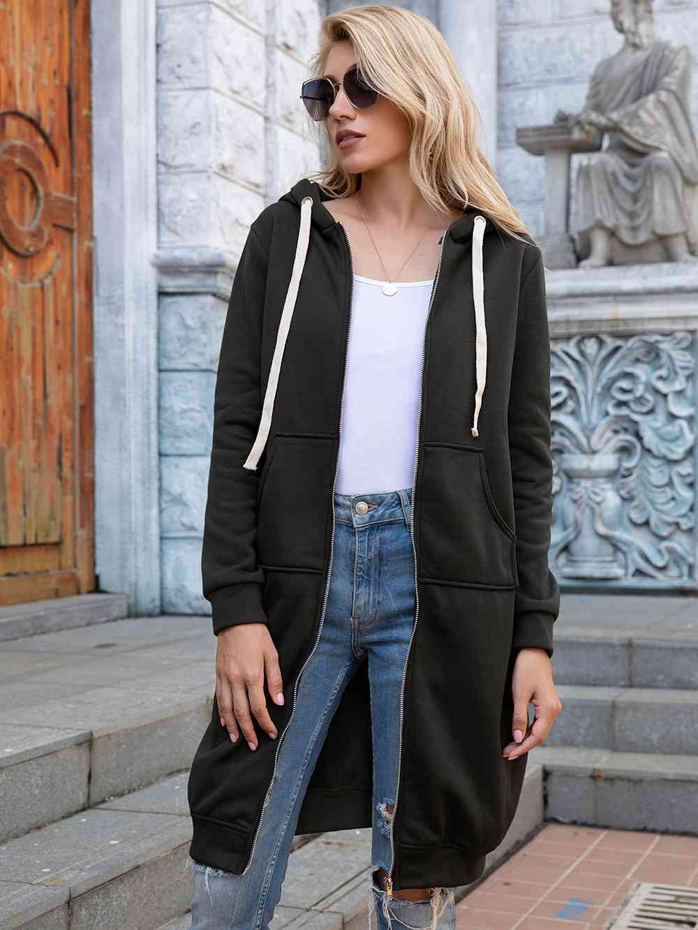 Zip-Up Longline Hoodie with Pockets - Ladyez