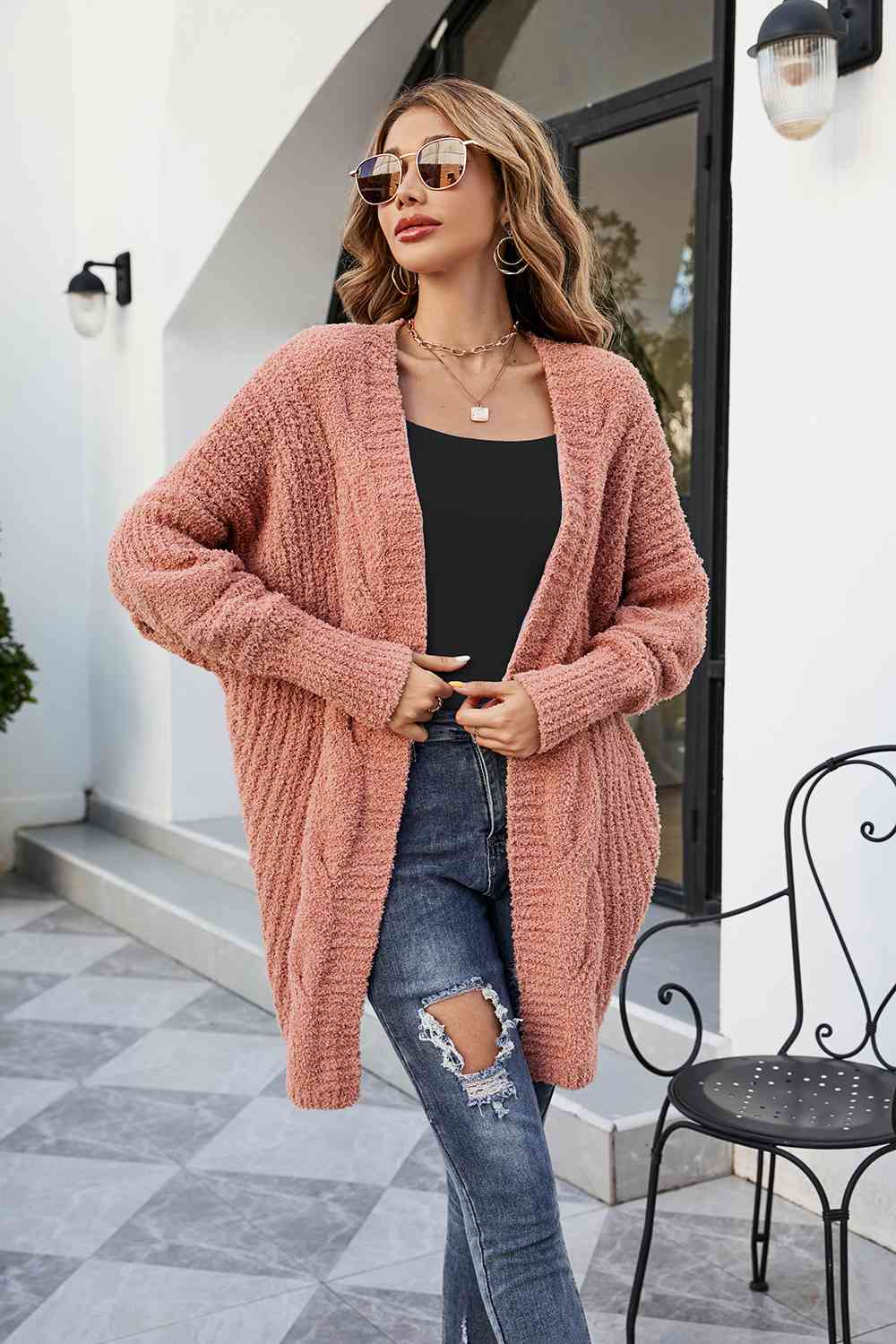 Open Front Dolman Sleeve Cardigan - Ladyez