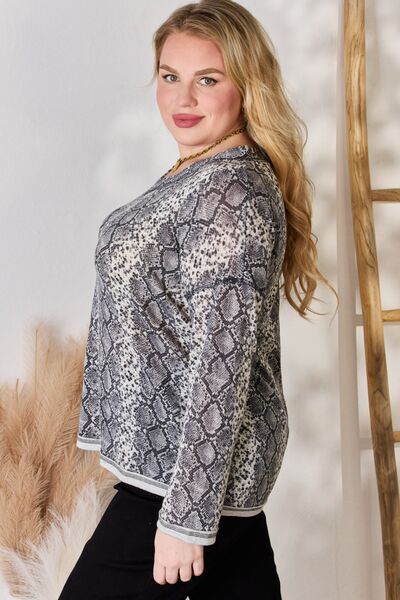 Hailey & Co Full Size Snakeskin V-Neck Long Sleeve Top - Ladyez