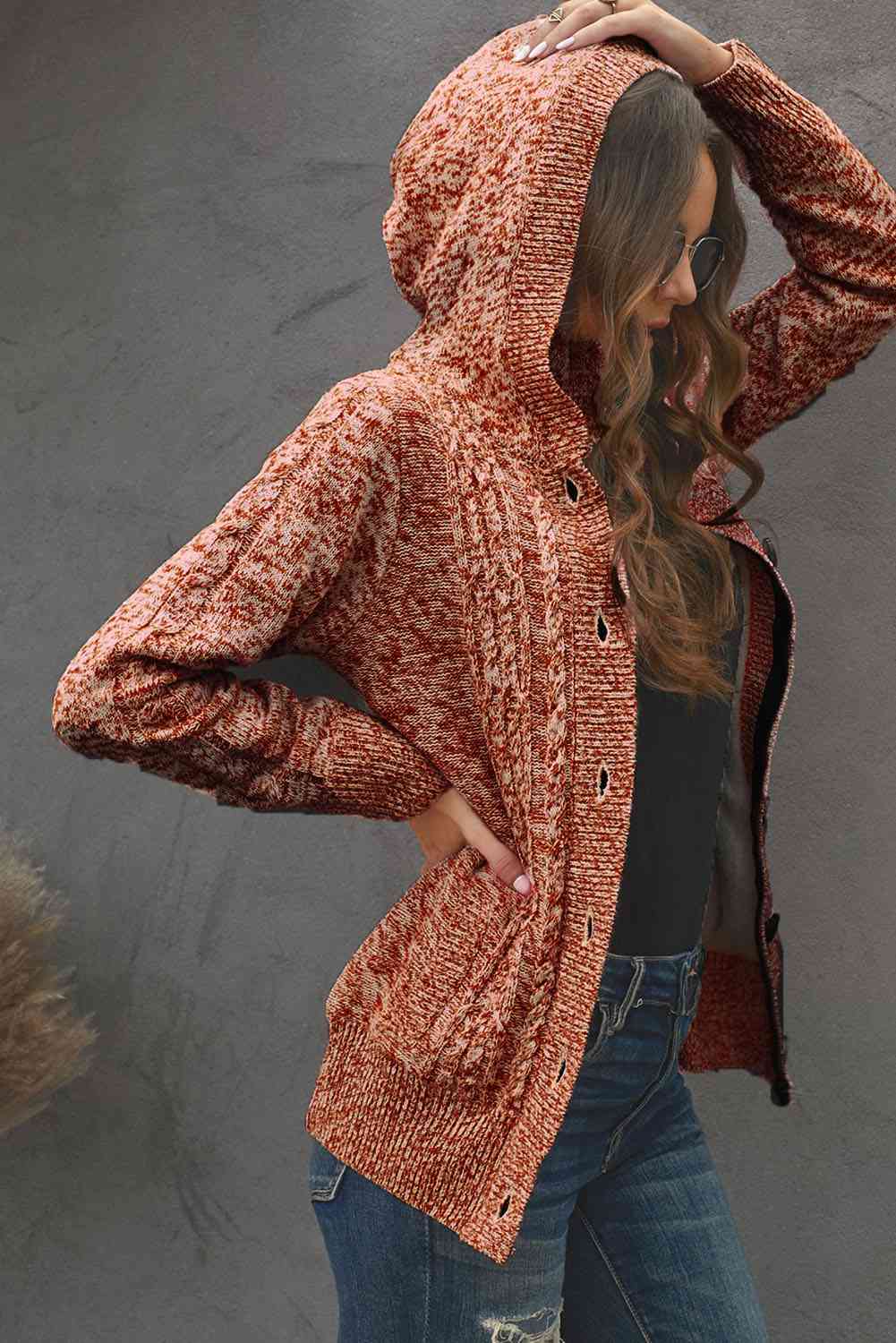 Cable-Knit Fleece Lining Button-Up Hooded Cardigan - Ladyez