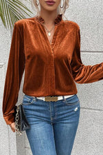 Notched Frill Detail Long Sleeve Blouse - Ladyez
