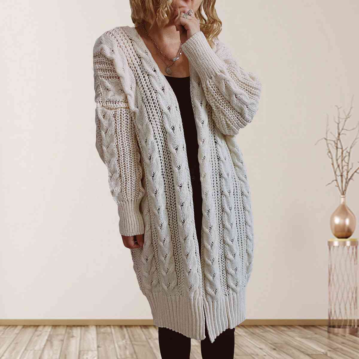 Cable-Knit Open Front Dropped Shoulder Cardigan - Ladyez