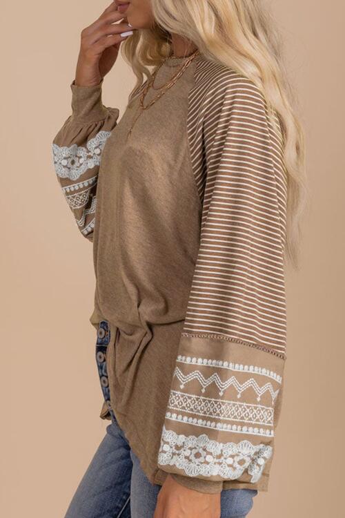 Striped Round Neck Long Sleeve Blouse - Ladyez