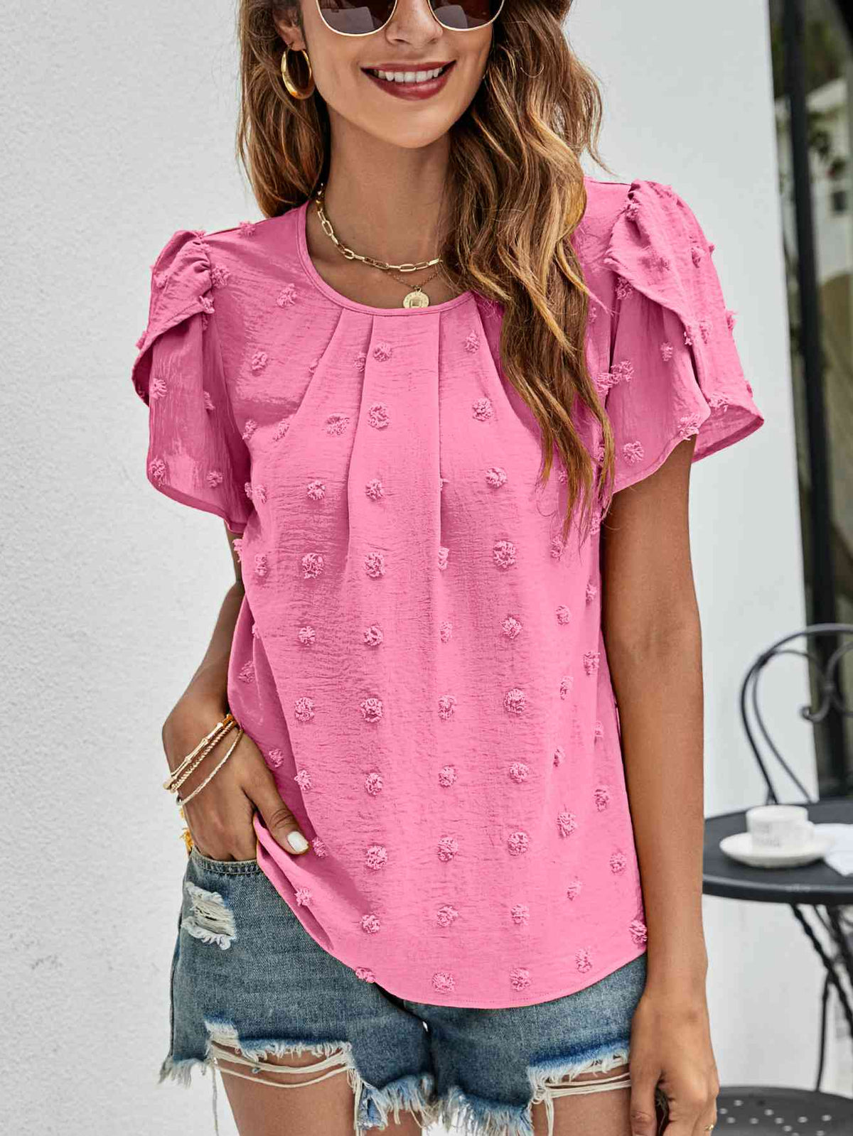 Swiss Dot Round Neck Petal Sleeve Top - Ladyez