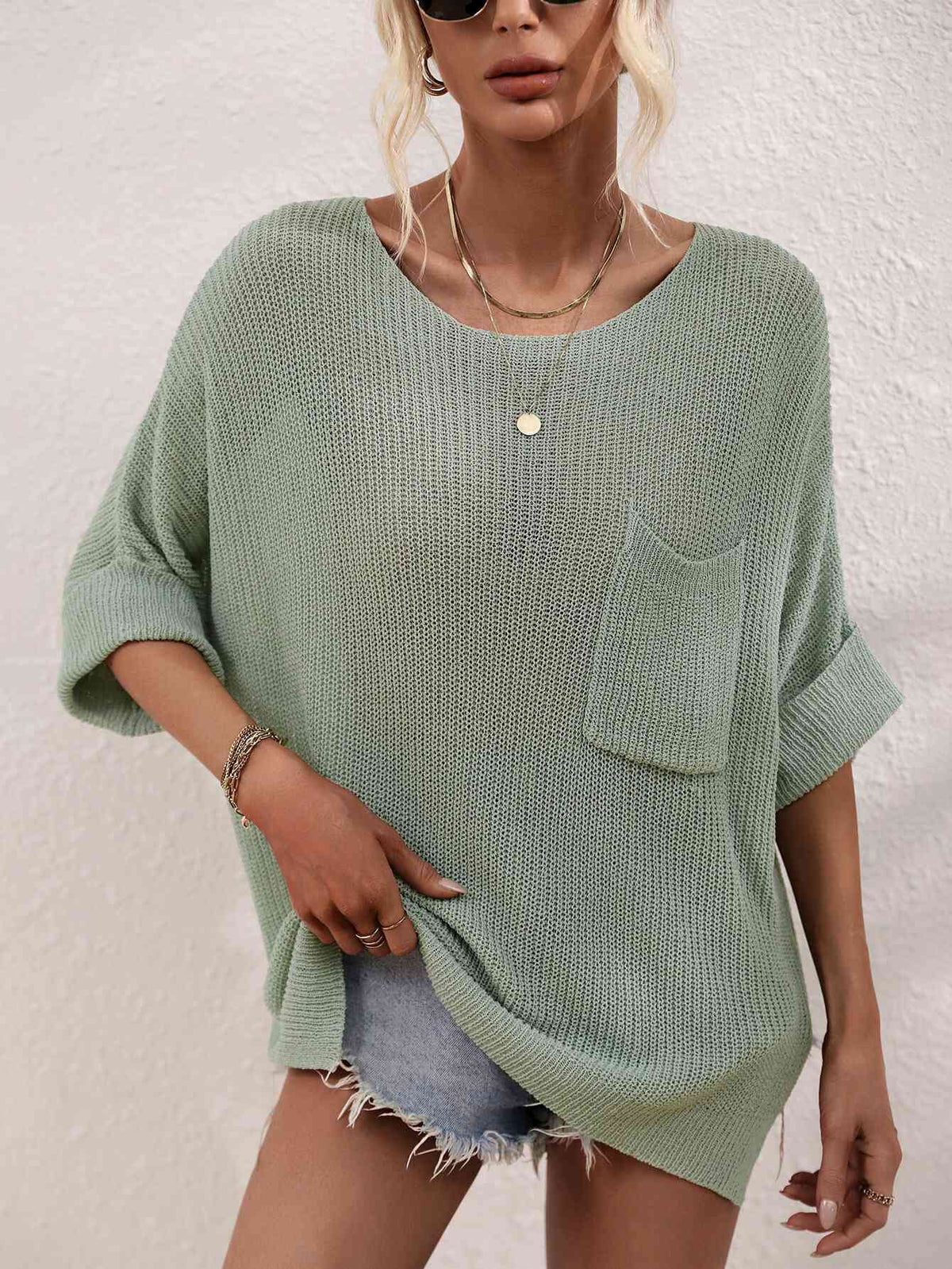 Boat Neck Cuffed Sleeve Slit Tunic Knit Top - Ladyez
