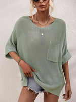 Boat Neck Cuffed Sleeve Slit Tunic Knit Top - Ladyez