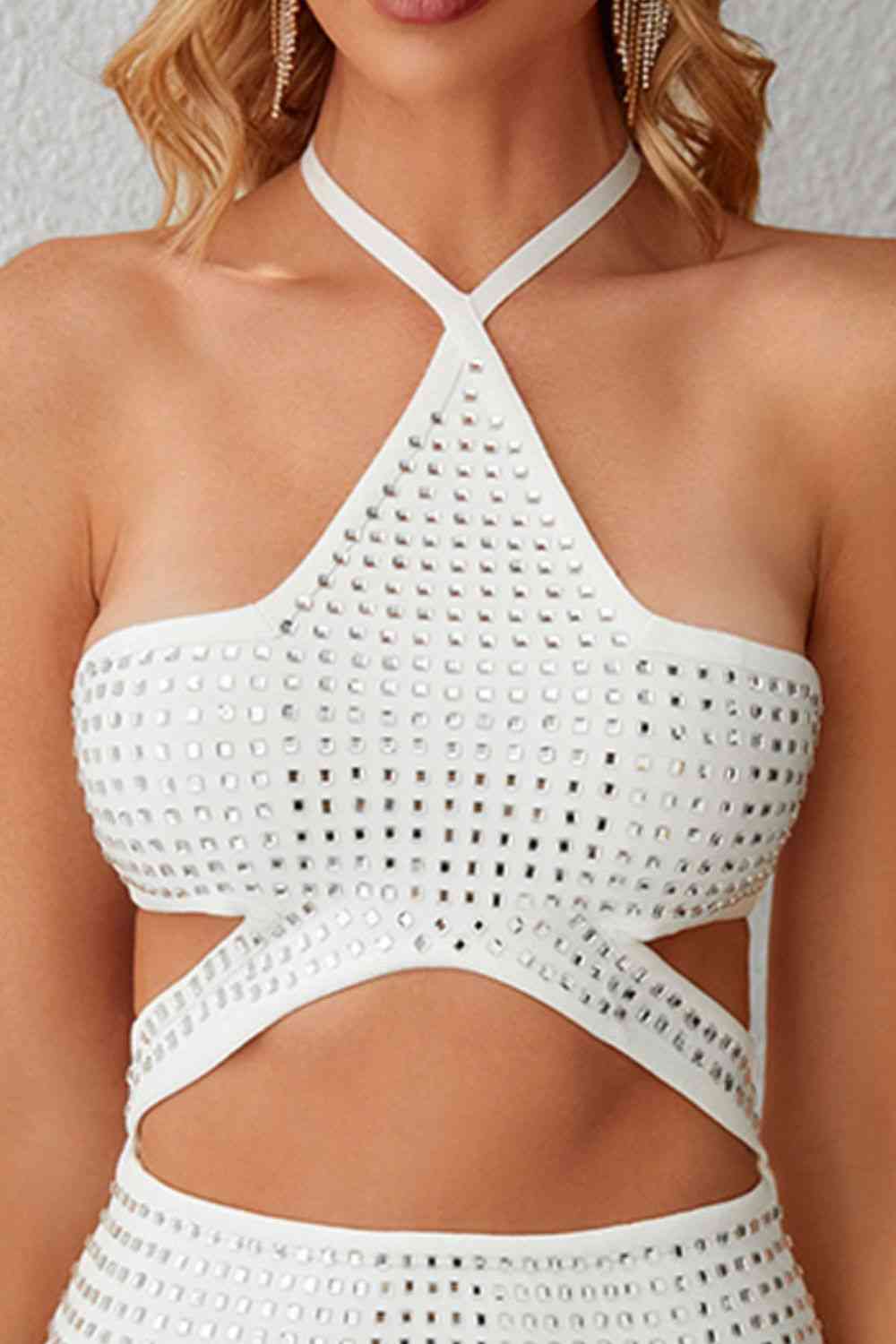 Rhinestone Cutout Halter Neck Slit Dress - Ladyez