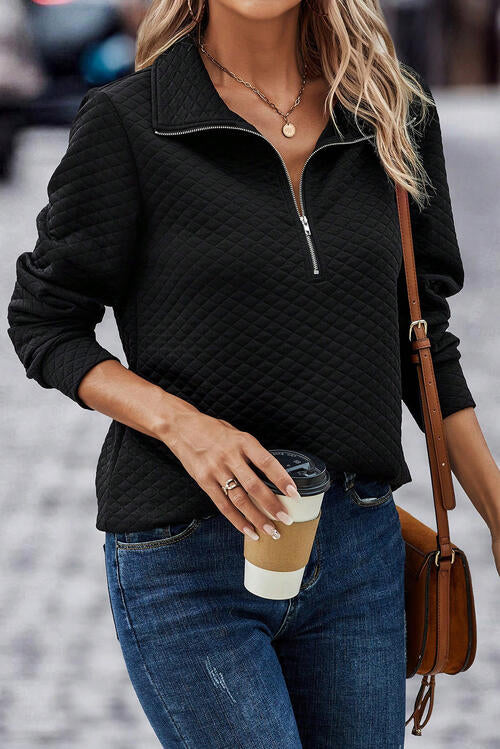 Half Zip Collar Solid Color Long Sleeve Sweatshirt - Ladyez