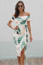 Printed Off-Shoulder Split Dress - Ladyez