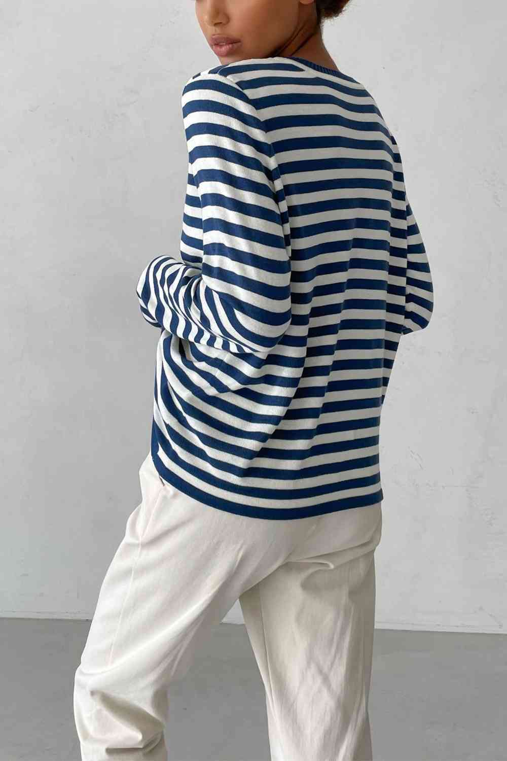 Striped Round Neck Long Sleeve Sweater - Ladyez