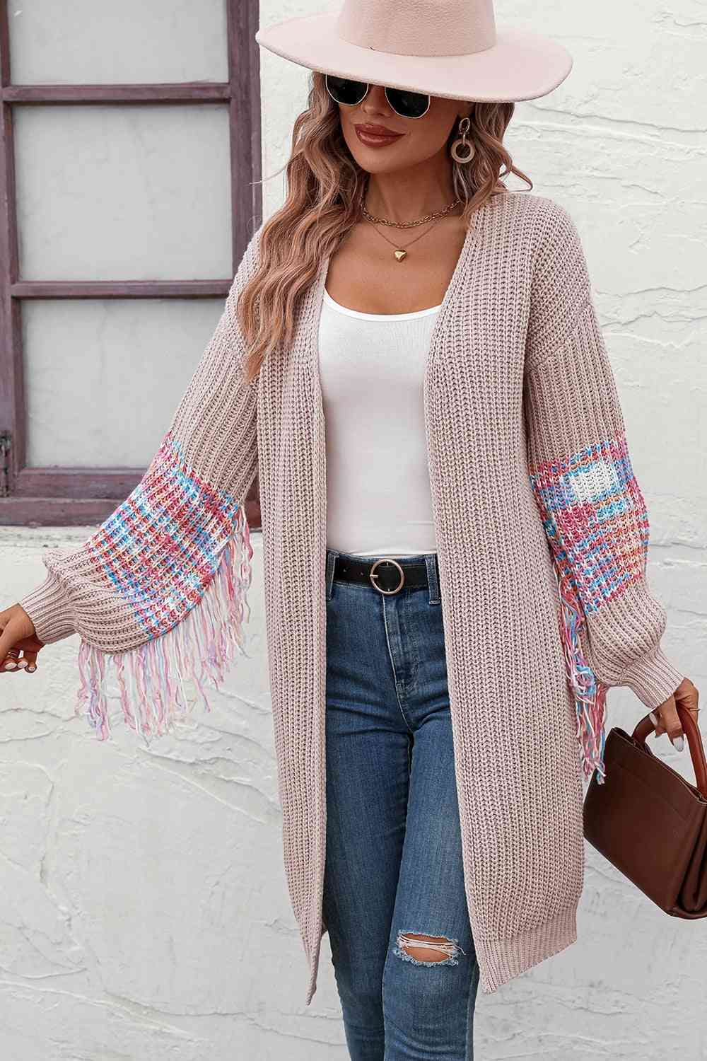 Fringe Sleeve Dropped Shoulder Cardigan - Ladyez