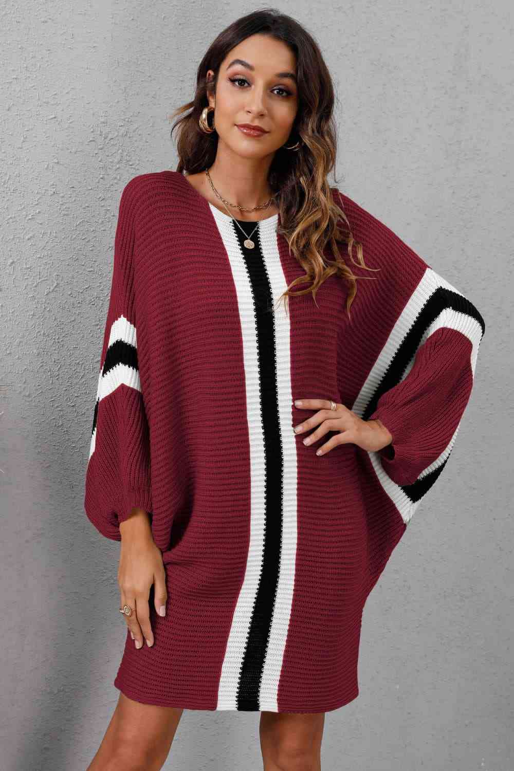 Ribbed Round Neck Long Sleeve Sweater Dress - Ladyez
