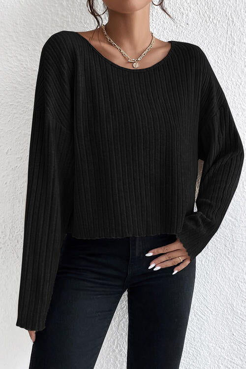 Ribbed Round Neck Drop Shoulder Long Sleeve Top - Ladyez