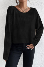 Ribbed Round Neck Drop Shoulder Long Sleeve Top - Ladyez