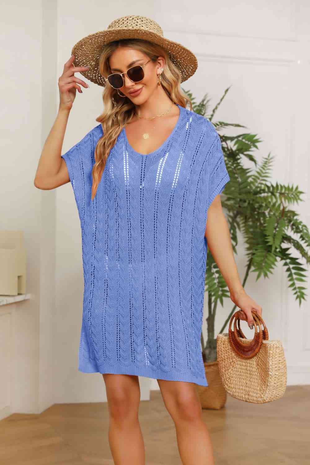 Openwork Side Slit Knit Dress - Ladyez