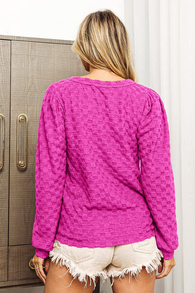 BiBi Round Neck Brushed Checker Top - Ladyez