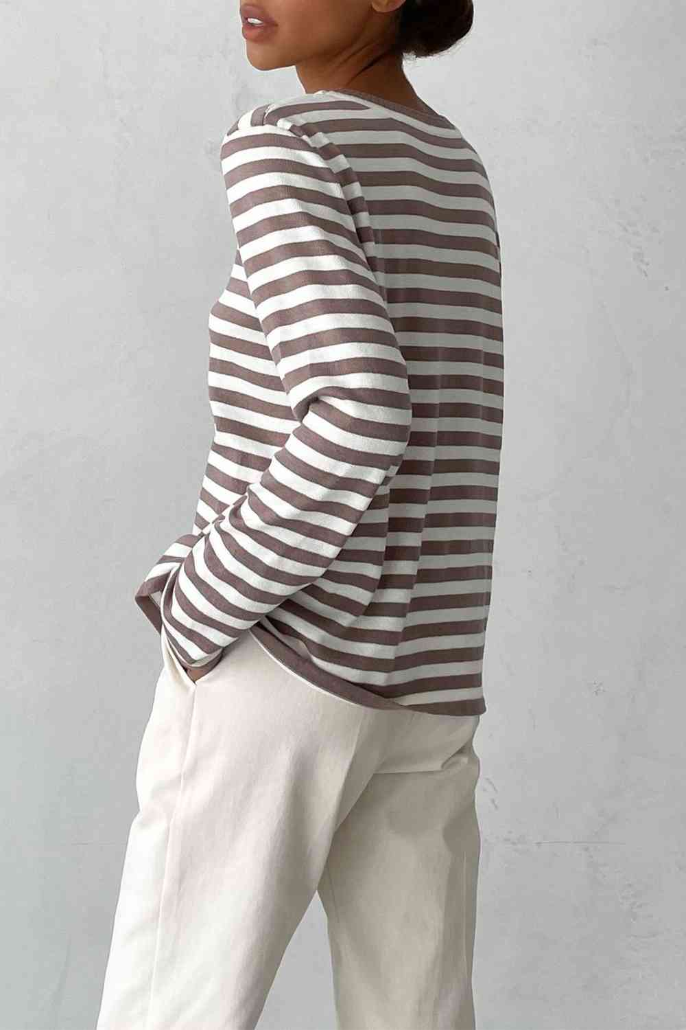 Striped Round Neck Long Sleeve Sweater - Ladyez
