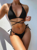 Textured Halter Neck Tie Side Bikini Set - Ladyez