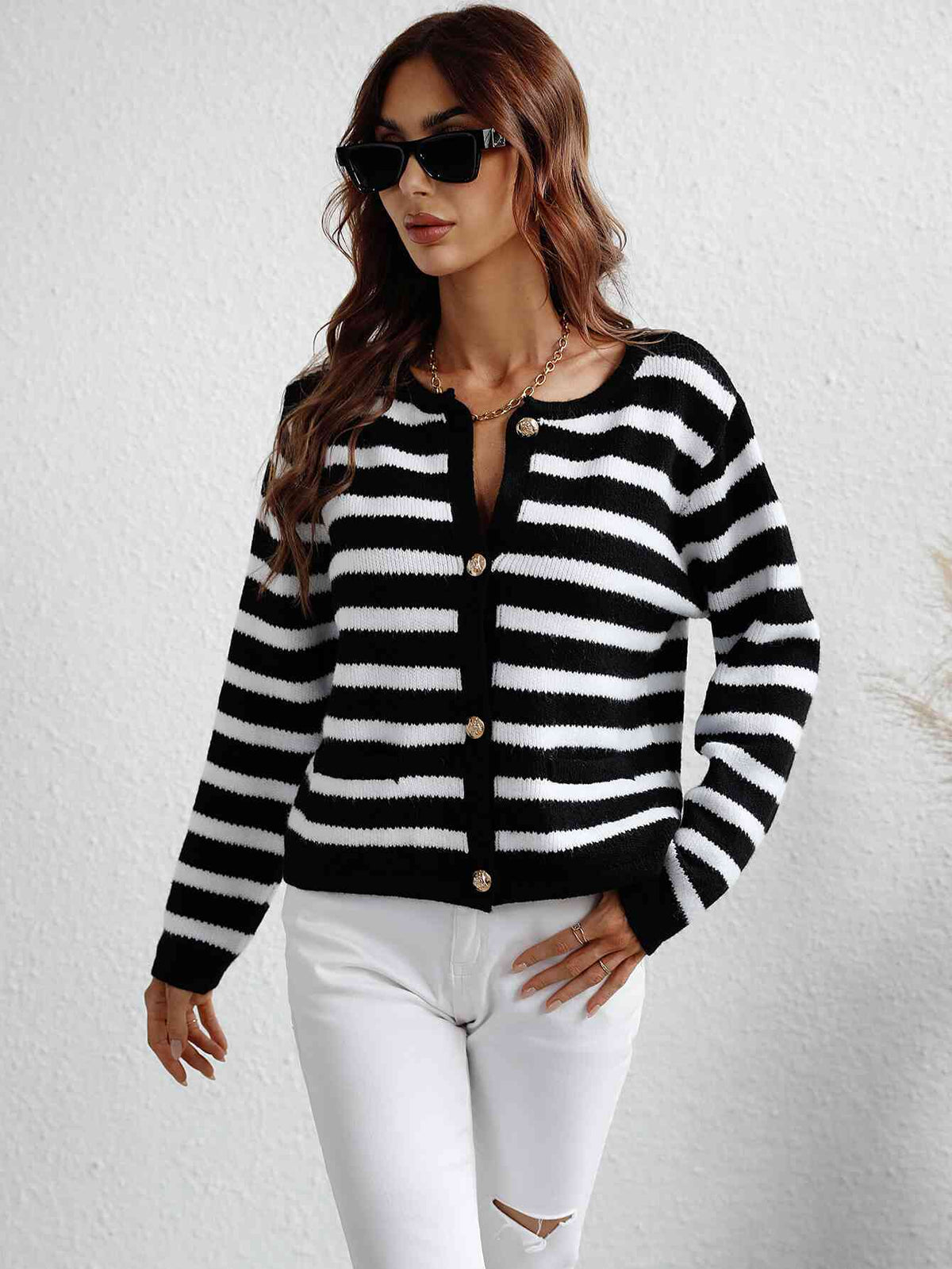Woven Right Striped Button Front Cardigan - Ladyez