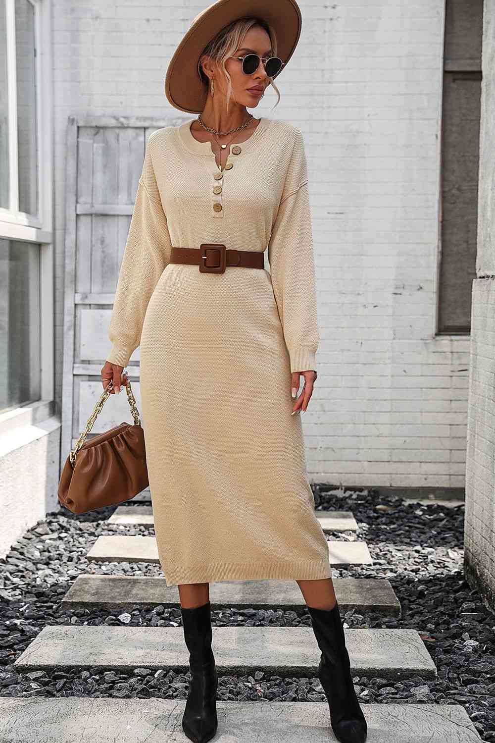 Notched Neck Dropped Shoulder Button-Down Midi Dress - Ladyez