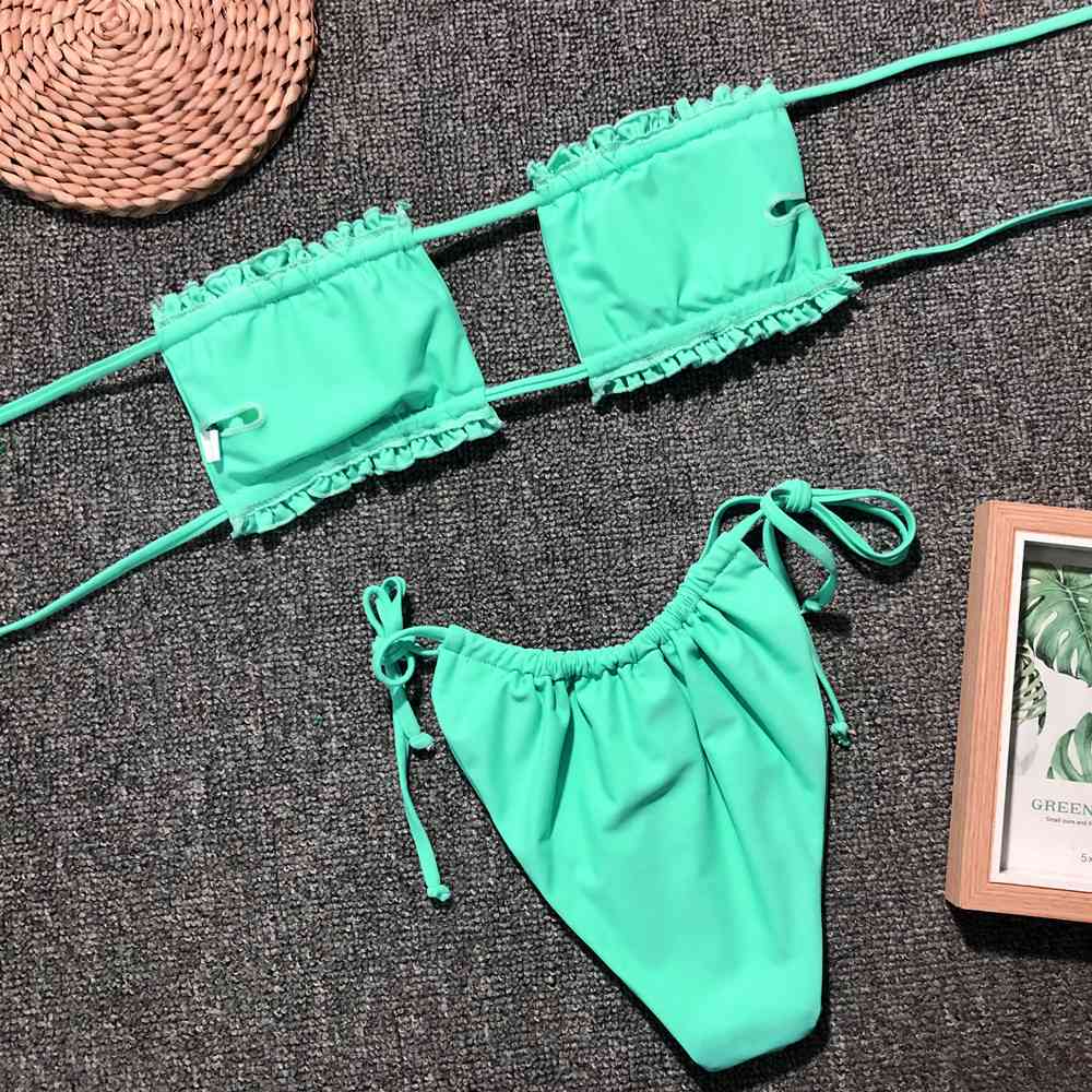 Frill Trim Ruched Bikini Set - Ladyez