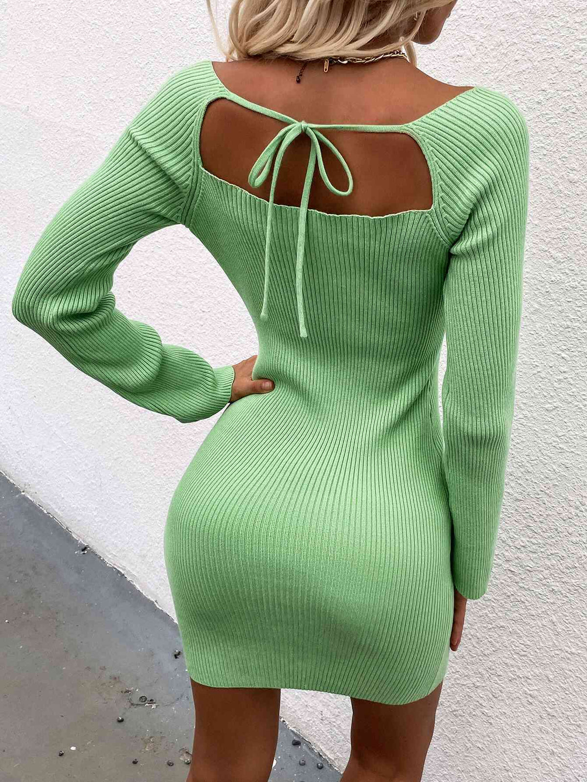 Tie Back Square Neck Long Sleeve Sweater Dress - Ladyez