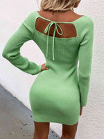 Tie Back Square Neck Long Sleeve Sweater Dress - Ladyez
